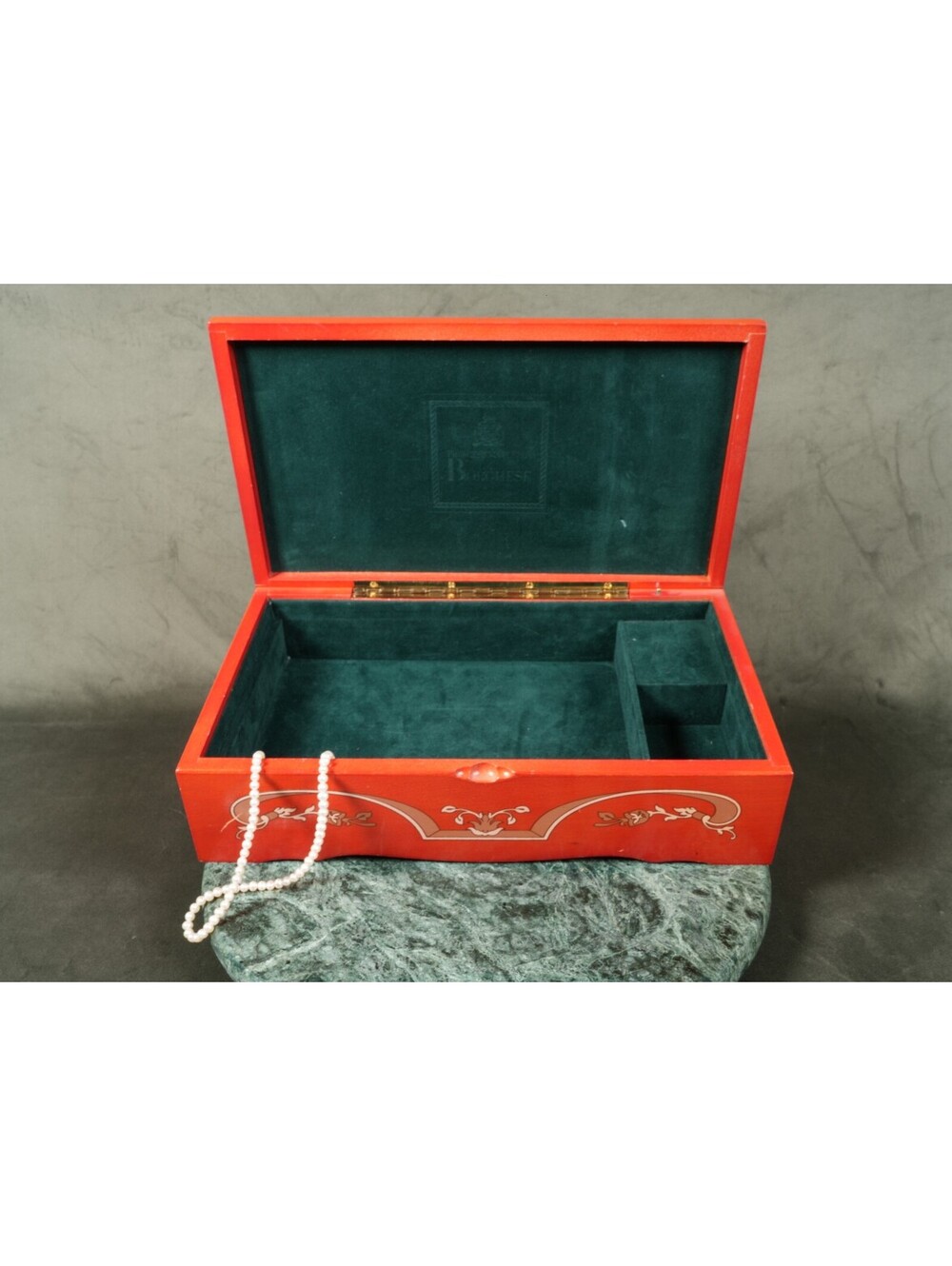 Vintage Princess Marcella Borghese Florentine Wood Jewelry Box Red Green Velvet
